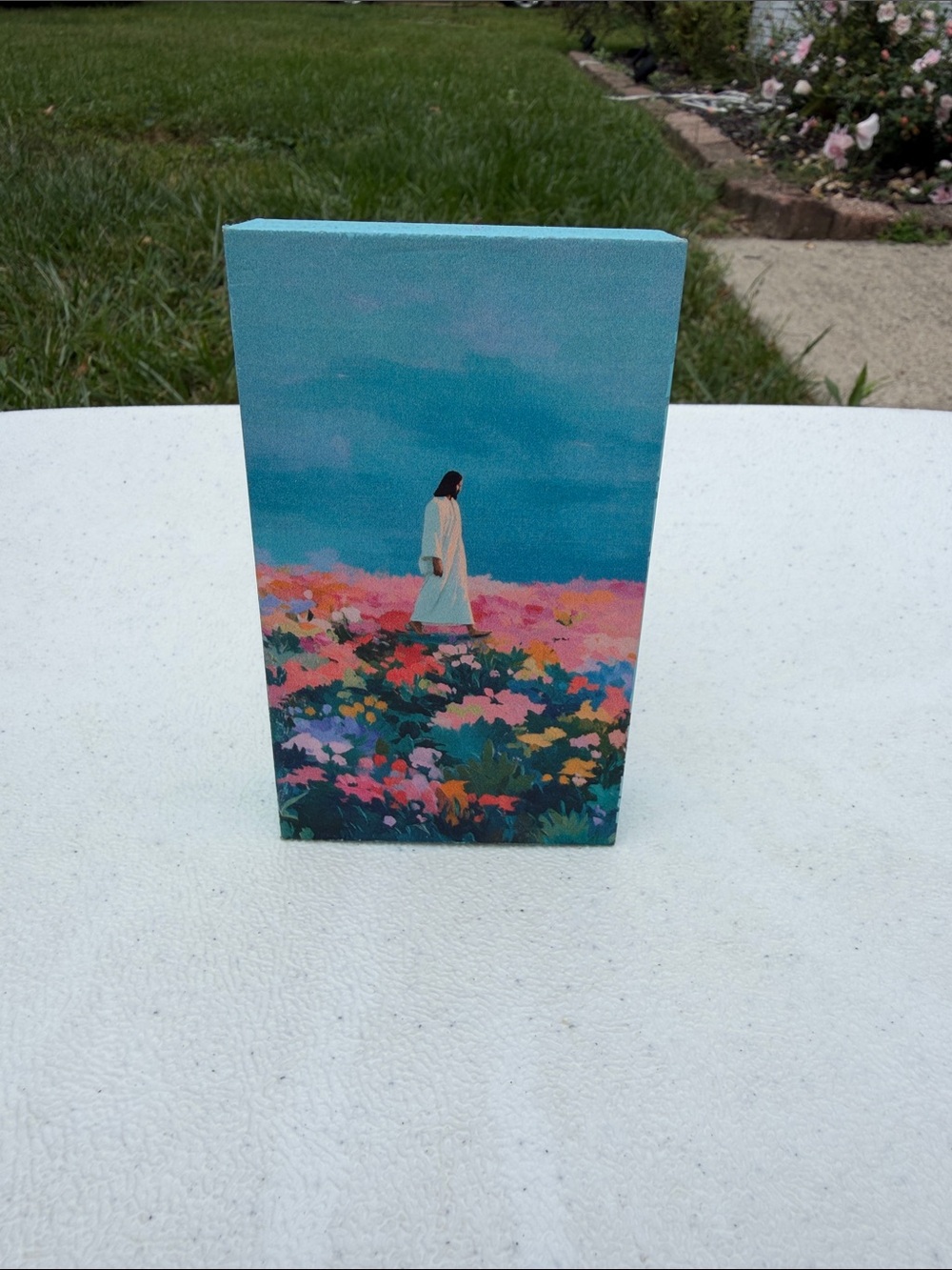 Turquoise and Pastel Floral Canvas Wall Art - Jesus in Field
